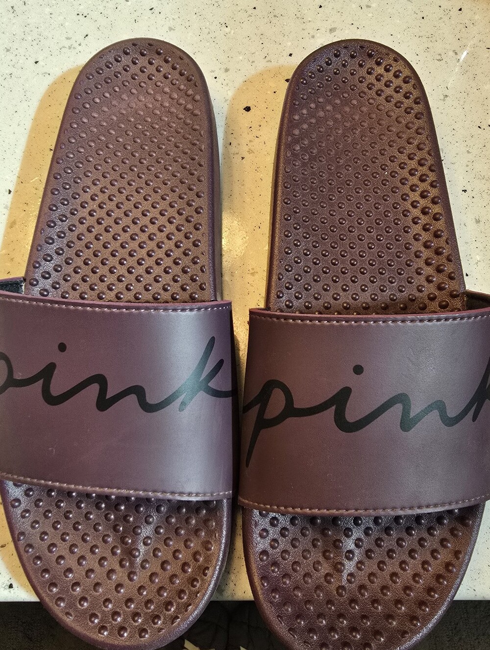 PINK Victoria's Secret Maroon Slide Sandals with Black Script